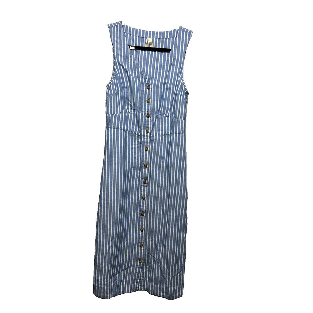 Pact Nautical Blue Striped Linen Organic Cotton Button Front Midi Dress XS